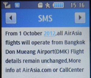 Air Asia Info SMS neuer Flughafen Don Mueang DMK
