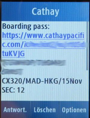 Cathay Pacific, SMS mit Link zur Bordkarte auf einem Samsung GT–C3300K