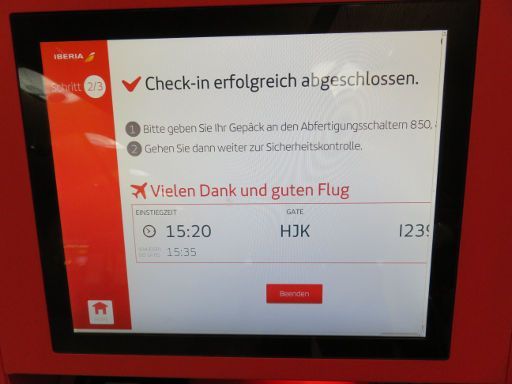 Iberia automatische Gepäckaufgabe, Check In abgeschlossen