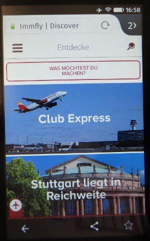 Iberia Express IMMFLY, Startbildschirm auf ZTE Firefox 28.0 mit Firefox OS Auflösung 320×533