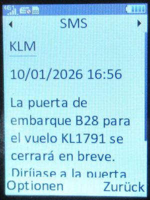 KLM Royal Dutch Airlines, SMS mit Hinweis Flugsteigschlie&szlig;ung im Januar 2026 auf einem danew KONNECT 42