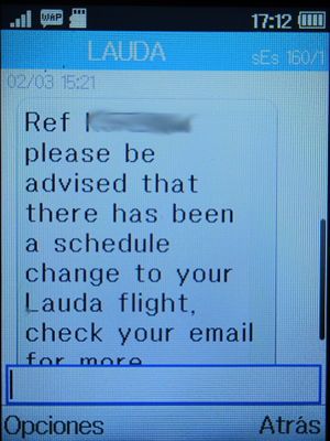 Laudamotion, SMS Info Flugplanänderung März 2020 auf einem Alcatel 2051X