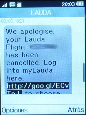 Laudamotion, SMS Info Flugpstreichung März 2020 auf einem Alcatel 2051X
