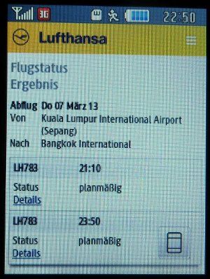 Lufthansa®, WAP Internetseite mit dem Flugstatus auf dem Samsung GT–S3370