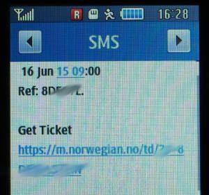 Norwegian Air Shuttle, Buchungsbestätigung SMS auf einem Samsung GT–S3370