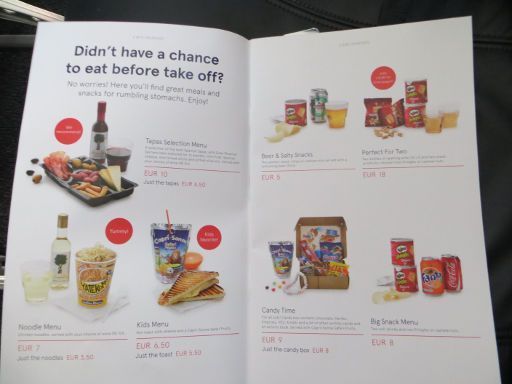 Norwegian Air Shuttle, Karte mit Essen und Getränken