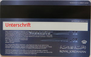 Royal Plus, Royal Jordanian Airlines Meilenprogramm, Royal plus Blue Karte 2015 Rückseite
