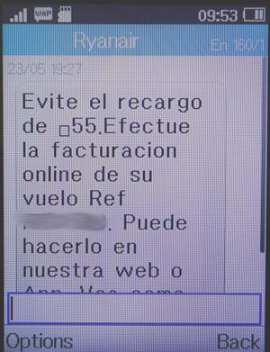 Ryanair, SMS auf einem Alcatel 2051X mit der Erinnerung den Online Check In zu nutzen