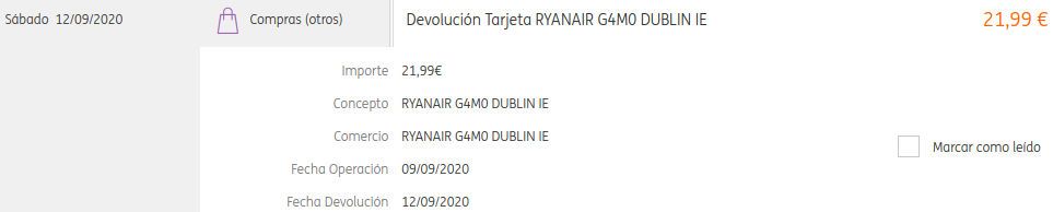 Ryanair Irland, Erstattung Flug Berlin - Madrid 21.99 Euro auf ING Direct Bank Girokonto am 12.09.2020