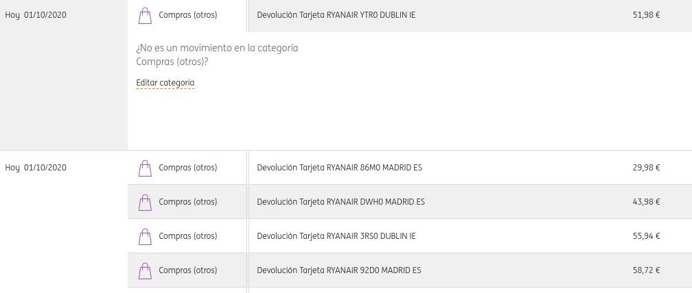 Ryanair Irland, Erstattung Flüge MAD - BRI, MAD - PMI, MAD - BLQ, MAD - STD und MAD - LUX auf ING Direct Bank Girokonto am 01.10.2020