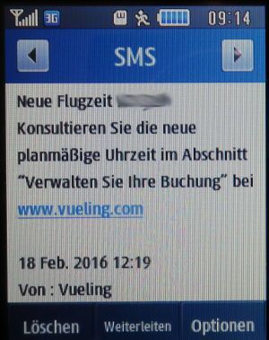 vueling, SMS mit Benachrichtigung über Flugzeitenänderungen auf einem Samsung GT–S3370