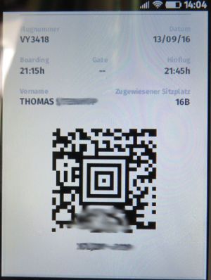 vueling, QR Code und Mobile Bordkarte auf einem Alcatel ONE TOUCH FREE Smartphone mit Firefox Betriebssystem