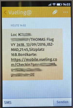 vueling, Bordkarte per SMS auf einem Alcatel ONE TOUCH FREE Smartphone mit Firefox Betriebssystem