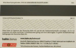 BahnCard 25 DB BAHN, 2013 / 2014 Rückseite