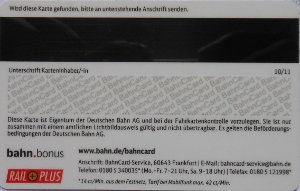 Probe BahnCard 25 DB BAHN, 2012 Rückseite