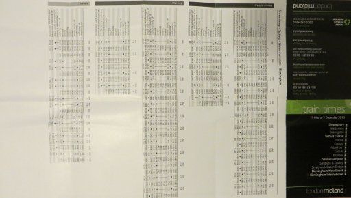 London Midland, Großbritannien, faltbarer Fahrplan