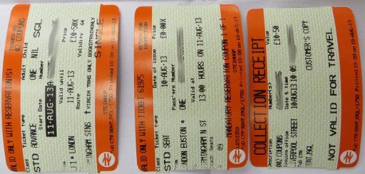 Virgin trains, Großbritannien, Fahrscheine und Quittung