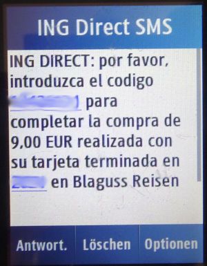 Airliner VIB - Flughafen Wien, Österreich, SMS von ING Direct auf einem Samsung GT–C3590 Mobiltelefon