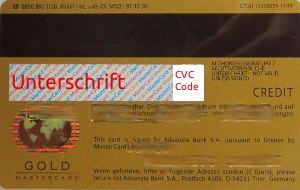 Advanzia Bank www.gebuhrenfrei.com MasterCard® Gold Kreditkarte, 2017, Rückseite mit Unterschriftenfeld und 3 stelligen CVC Code