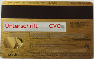 Advanzia Bank www.gebuhrenfrei.com MasterCard® Gold Kreditkarte, 2023, Rückseite mit Unterschriftenfeld und 3 stelligen CVC Code