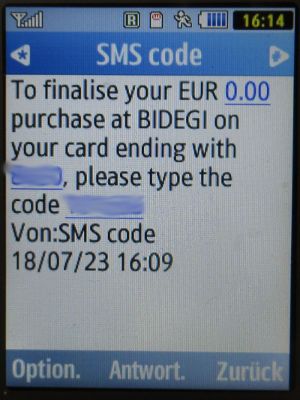 SMS auf einem Samsung GT–C3590, SMS von Advanzia für die Zahlung EUR 0.00