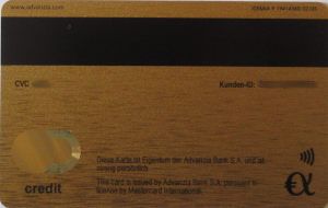 Advanzia Bank www.gebuhrenfrei.com MasterCard® Gold Kreditkarte 2026, R&uuml;ckseite ohne Unterschriftenfeld, mit 3 stelligen CVC Code, Kunden-ID und Kontaktlos Symbol