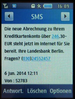 Amazon.de VISA Karte, SMS bei neuer Rechnung auf einem Samsung GT–S3370