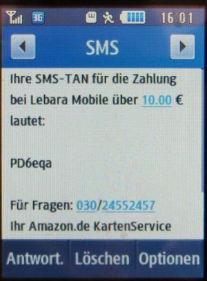 Amazon.de VISA Karte, SMS–TAN auf einem Samsung GT–S3370