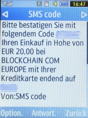 blockchain.com, Kryptow&auml;hrungen, SMS von Advanzia Bank www.gebuhrenfrei.com MasterCard® Gold Kreditkarte auf einem Samsung GT&ndash;C3590