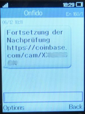 Coinbase Spanien, SMS mit Adresse zur Nachprüfung vom Ausweis auf einem Alcatel 2051X