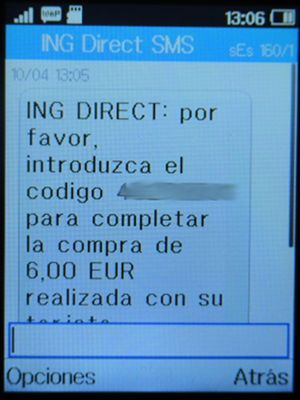 Correos prepago MasterCard® 2020, Kauf 6,00 EUR SMS Sicherheitscode der ING Direct auf eine Alcatel 2051X