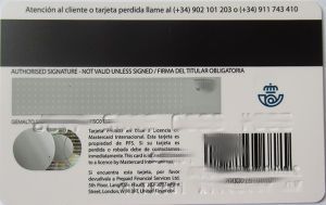 Correos prepago MasterCard® 2020, Rückseite mit Feld für die Unterschrift und dem Card Verification Code