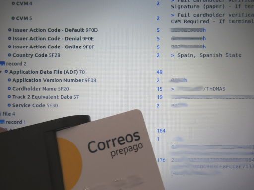 Correos prepago MasterCard® 2020, Anzeige der EMV Chip Daten Linux™ Programm Cardpeek