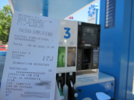 Correos prepago MasterCard® 2020, Zahlung an prepaid Tankstelle Ballenoil nicht möglich