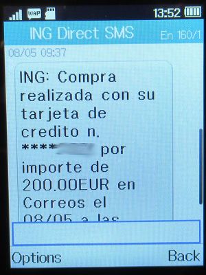 Correos prepago MasterCard® 2020, SMS im Mai 2021 auf einem Alcatel 2051X, Bestätigung ING Direct Bank
