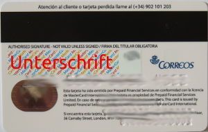 Correos prepago MasterCard®, Rückseite mit Feld für die Unterschrift und dem Card Verification Code