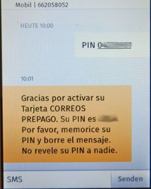 Correos prepago MasterCard®, SMS auf einem Alcatel ONE TOUCH FREE Smartphone mit Firefox Betriebssystem Freischaltung Karte und PIN