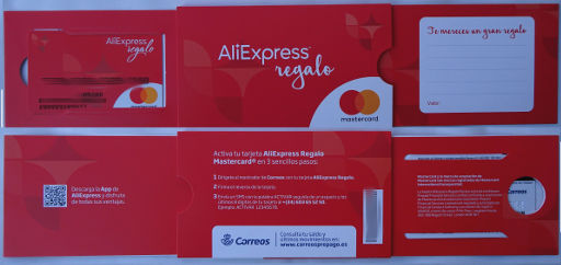 Correos AliExpress™ Regalo MasterCard®, sehr kurze Anleitung die Karte zu Aktivieren Starterpaket Vor– und Rückseite