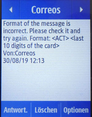 Correos AliExpress™ Regalo MasterCard®, Fehlermeldung SMS auf einem Rex80 GTâ€“S5220R