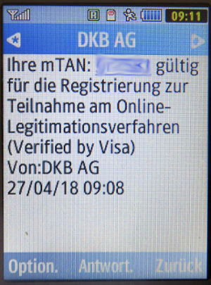 DKB VISA 3D Secure Verfahren SMS mit einer mTAN auf einem Samsung GT–C3590