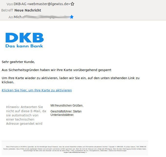 phishing e-mail von webmaster@lgewiss.de November 2020