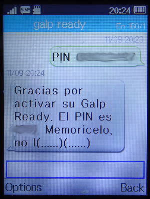 galp ready prepaid MasterCard®, Bestätigung Aktivierung SMS auf einem Alcatel 2051X