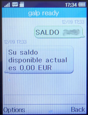 galp ready prepaid MasterCard®, Guthabenstand per SMS auf einem Alcatel 2051X