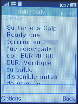 galp ready prepaid MasterCard®, Bestätigung Aufladung SMS auf einem Alcatel 2051X