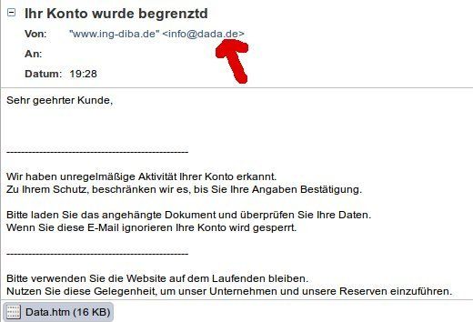 Phishing e–mail im September 2014 von dada.de