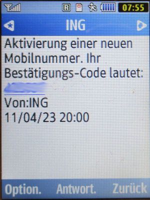 ING–DiBa Aktivierung Mobilnummer SMS auf einem Samsung GT–S3370