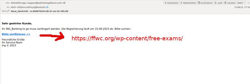 Phishing e–mail im August 2023 von support@well-beingalliance.com