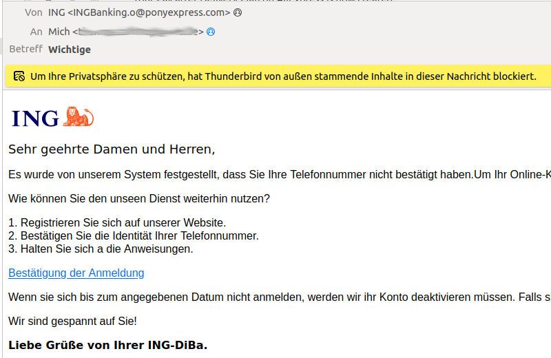 Phishing e–mail im Februar 2024 von INGBanking.o@ponyexpress.com