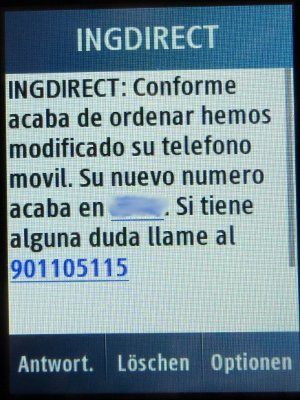 ING Direct, Spanien, Info SMS von ING Direct auf einem Samsung GT–C3300K