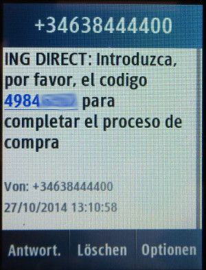 ING Direct, Spanien, Verified by VISA SMS von ING Direct auf einem Samsung GT–C3300K